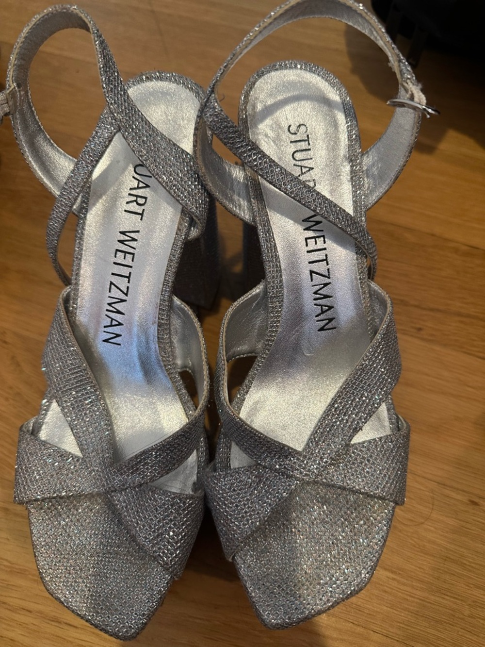 Stuart Weitzman Silver Glitter Crisscross Block Heels